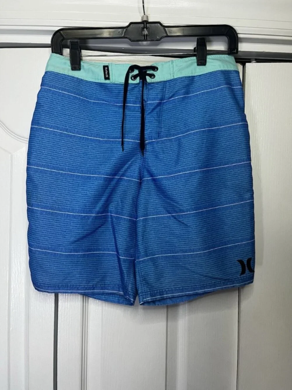 Hurley Shorline Boys Boardshorts Sz 14 Neptune Blue Drawstring Striped Beach